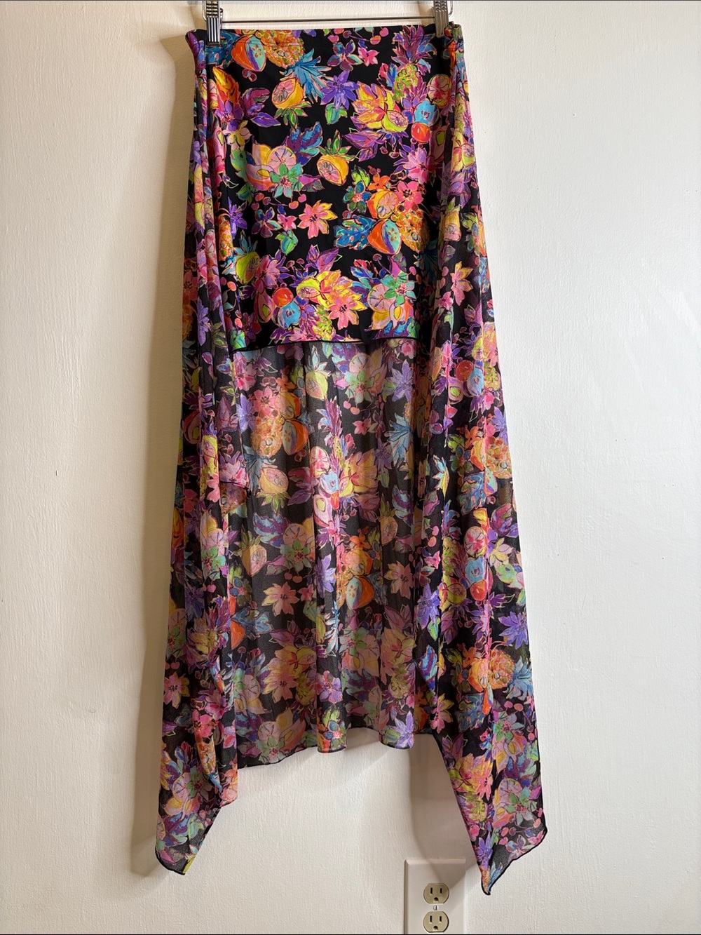 Vintage Van Leve France West Indies neon floral fruit sheer sarong skirt